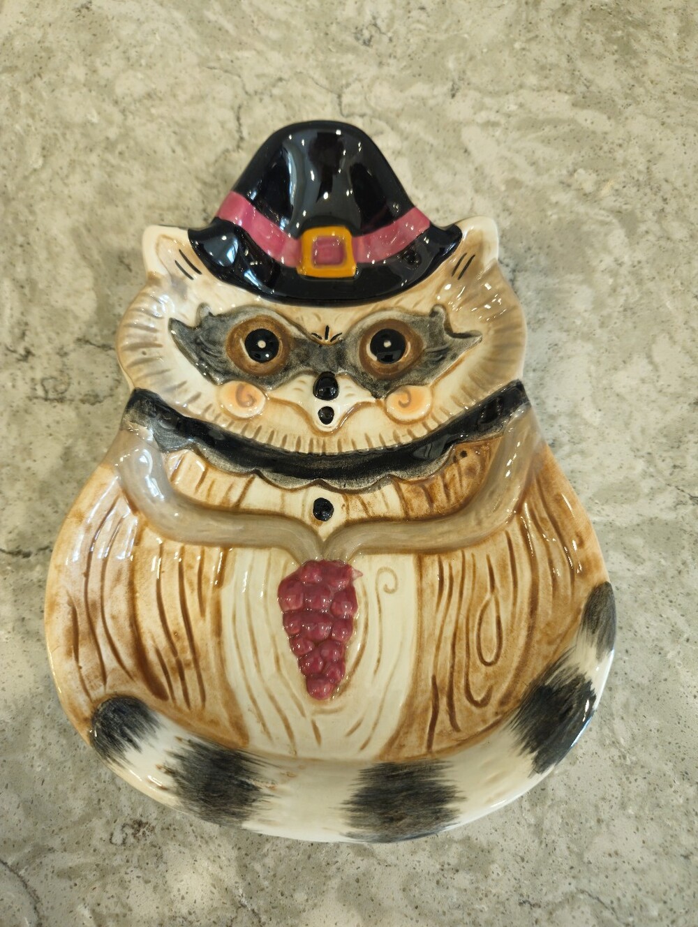 Johanna Parker Fall Thanksgiving Raccoon Pilgrim Hat Lrg Ceramic Spoon Rest Dish